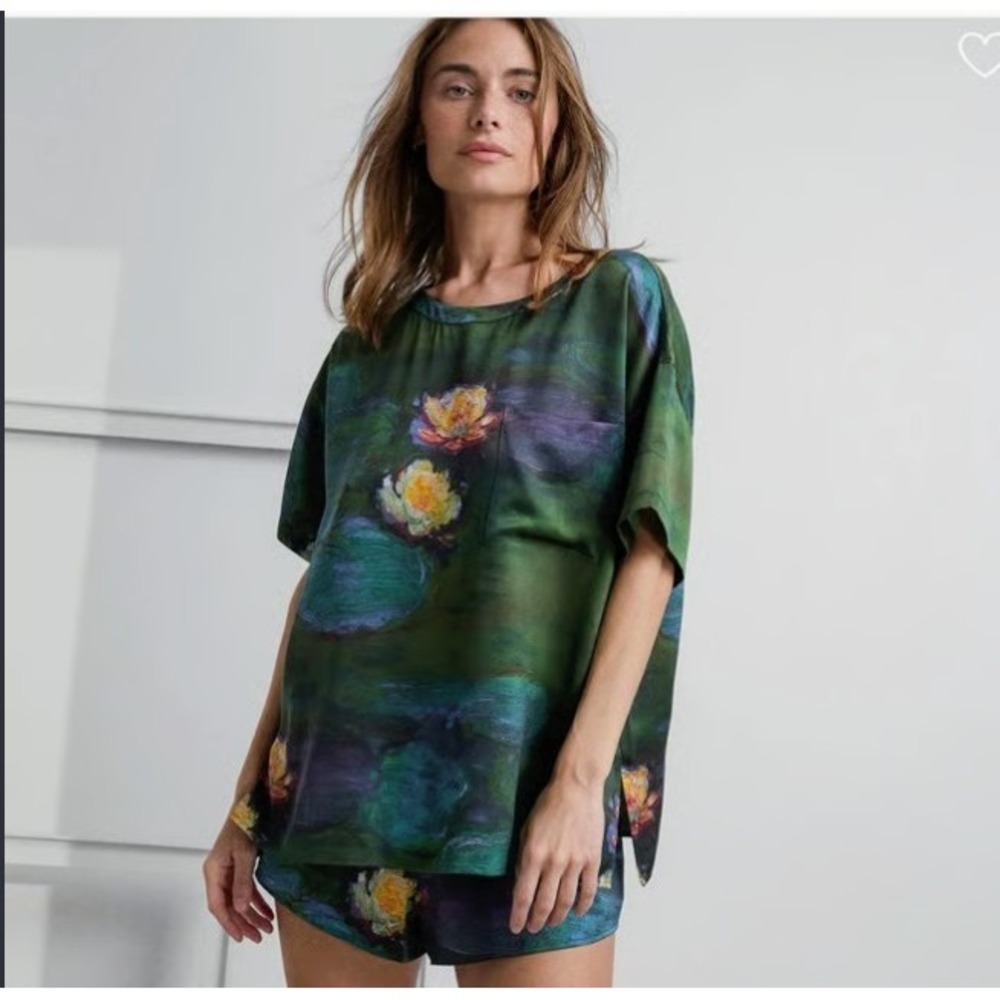 Lunya x LACMA Washable Silk Tee Short Set Monet Water Lilies XS  Limited Rare
